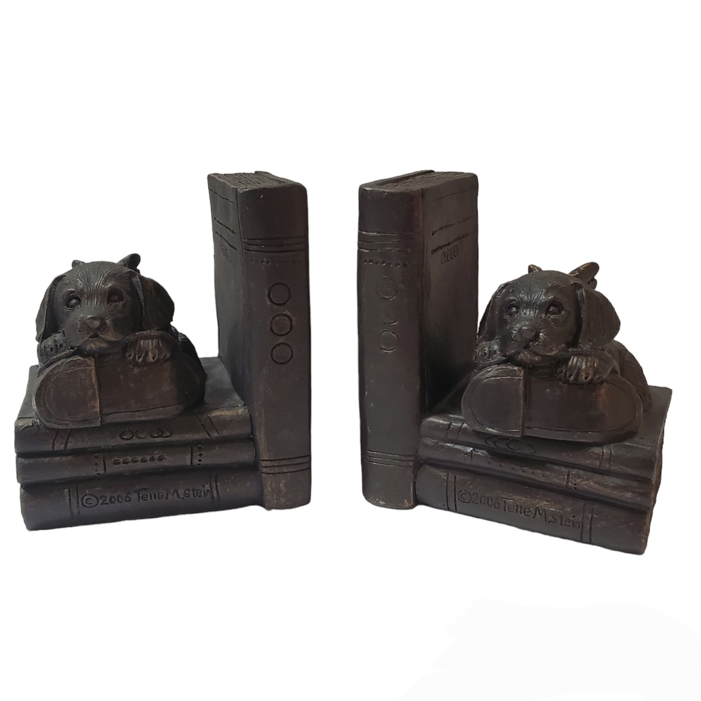 Telle M Stein 2006 Dog Angel with Shoe Resin Book Ends Faux Bronze